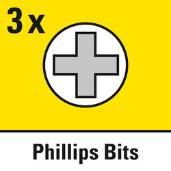 Avec 3 embouts Phillips cruciformes PH1/PH2/PH3