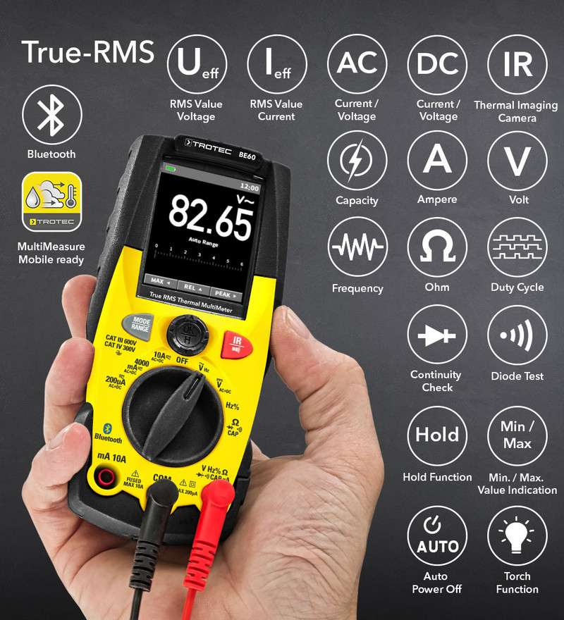 Multimètre numérique BE60 à valeur efficace vraie (True-RMS) avec caméra  thermique - TROTEC