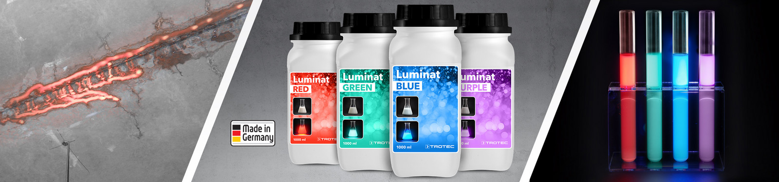 Colorants fluorescents de la série Luminat de Trotec avec excitation de la fluorescence par UV lors de la détection de fuites