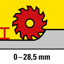 Profondeur de coupe réglable jusqu’à 28,5 mm pour les coupes verticales